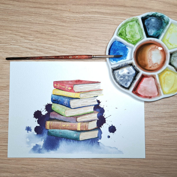 Aquarelle originale pile de livres A5