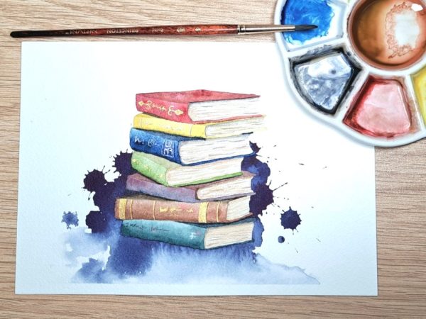 aquarelle originale pile de livres et fond indigo