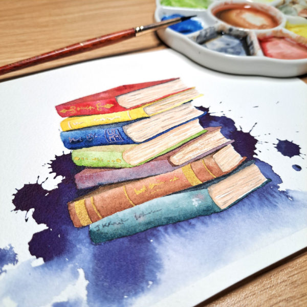 Zoom sur aquarelle originale pile de livres format A5