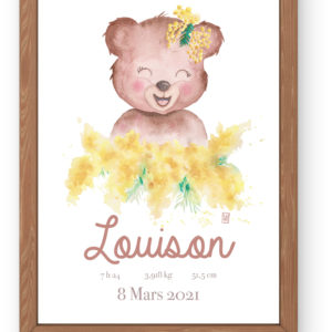 affiche de naissance Maya ourse Mimosas dans un cadre - A4