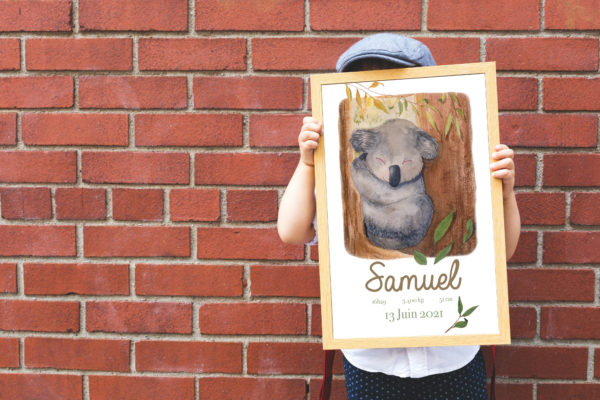 affiche de naissance Nicolas le koala version garçon - mockup enfant