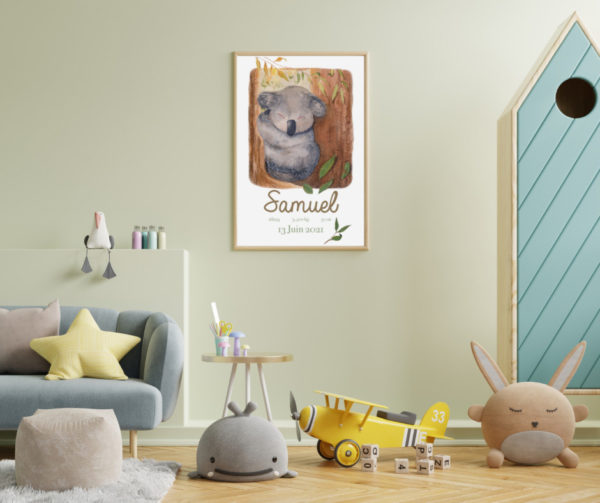 affiche de naissance Nicolas le koala version garçon - mockup feed