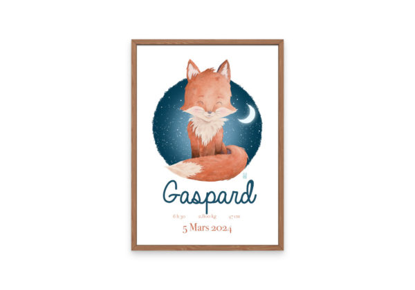 Affiche de naissance Gaspard le renard encadré modèle bleu