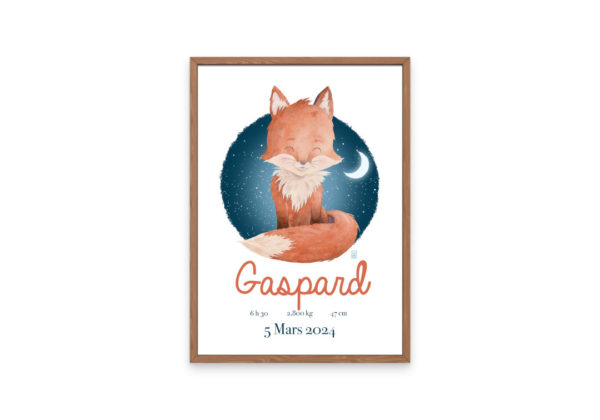 Affiche de naissance Gaspard le renard encadré modèle rouge