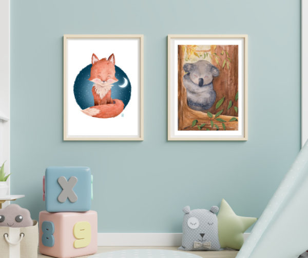 Affiche de naissance illustrations renard et koala aquarelle format A4 idee cadeau de naissance