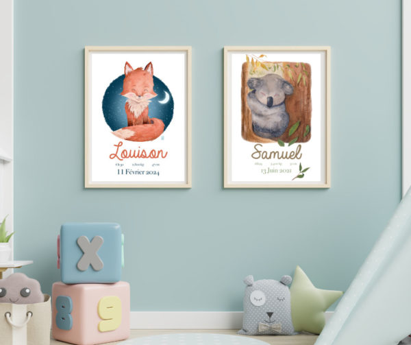 Affiches de naissance personnalisées renard et koala A4 décoration chambre garçon