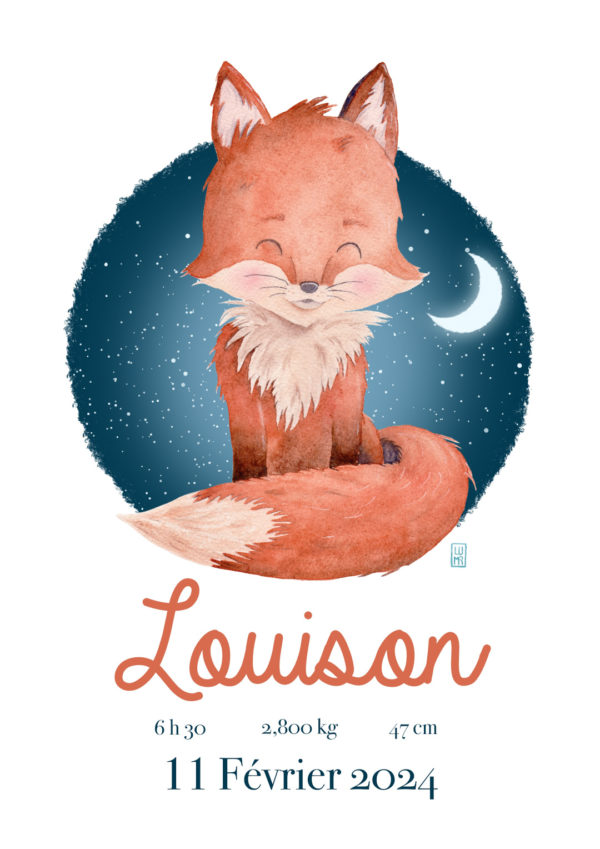 Cadeau liste de naissance - affiche personnalisée renard A4