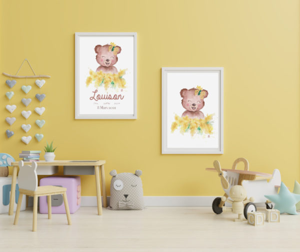 Affiches de naissance ours personnalisée ou non format A4 aquarelle enfant