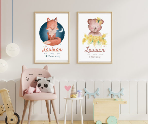 Affiches de naissance personnalisées ours et renard A4 décoration chambre fille