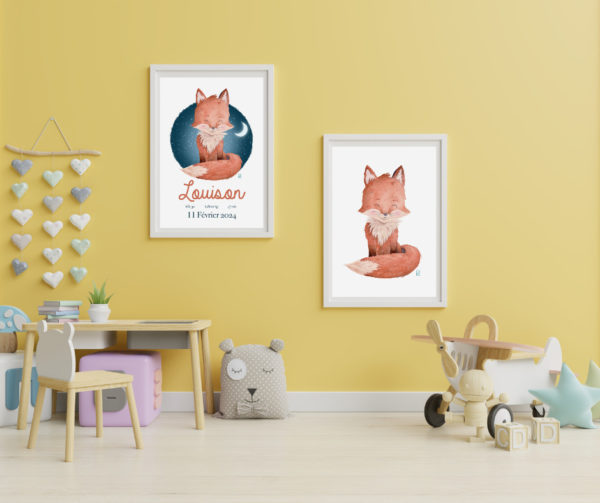 Affiches de naissance renard personnalisée ou non format A4 aquarelle enfant