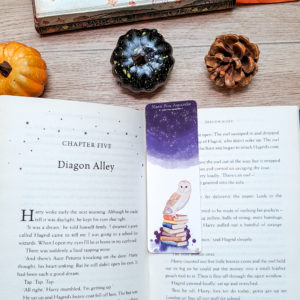 Marque-page Chouette des Livres placé dans un livre avec une décoration automnale