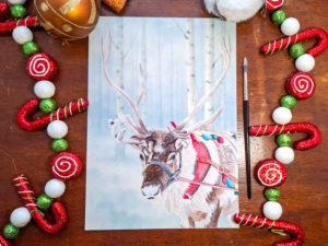 Photo de Print A4 d'un renne de Noël dans une forêt enneigée