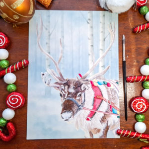 Photo de Print A4 d'un renne de Noël dans une forêt enneigée