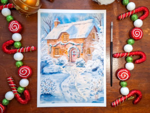 Print Aquarelle Cottage Enneigé