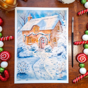Print Aquarelle Cottage Enneigé