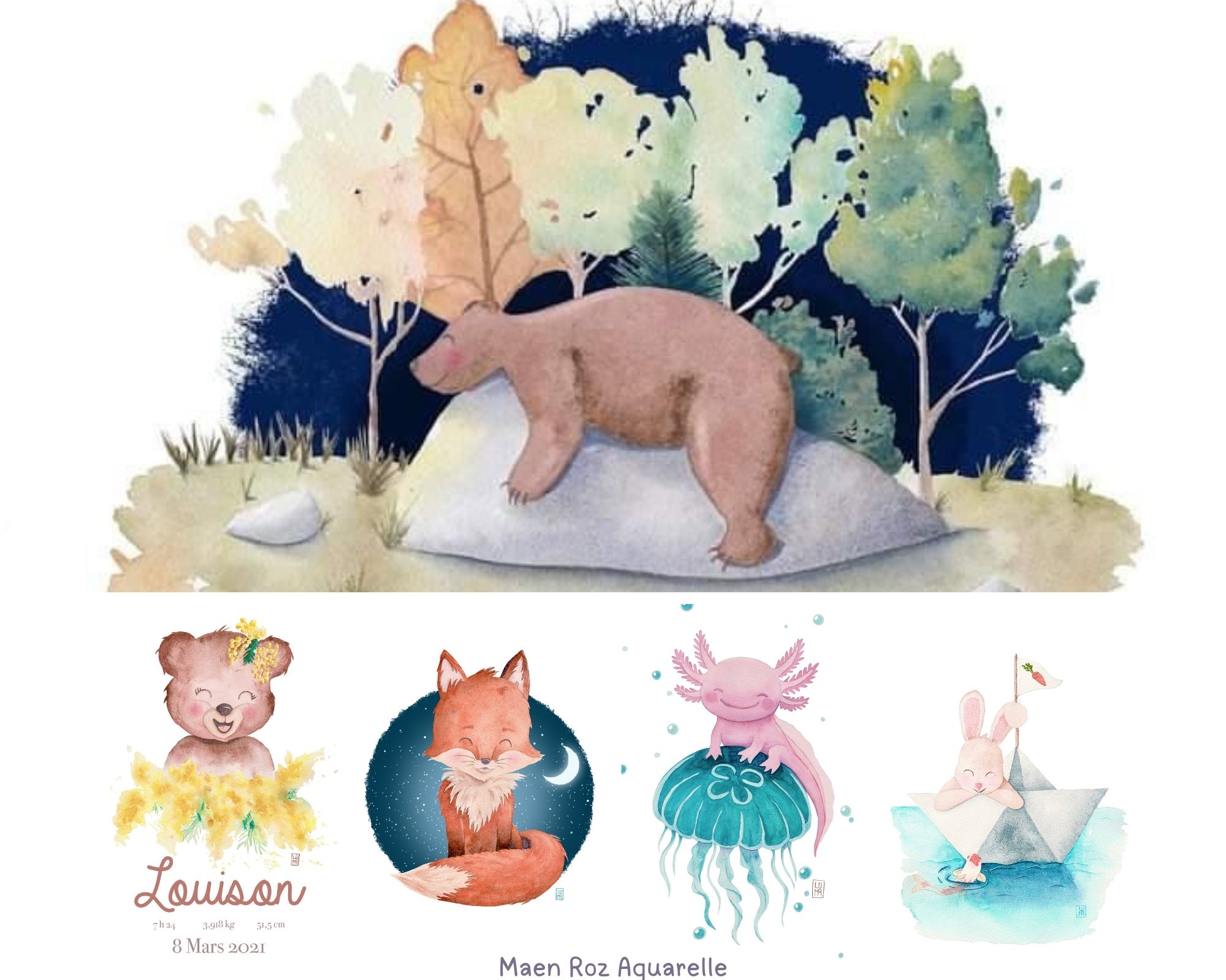 Aperçu de plusieurs illustrations à l’aquarelle pour enfants au style poétique