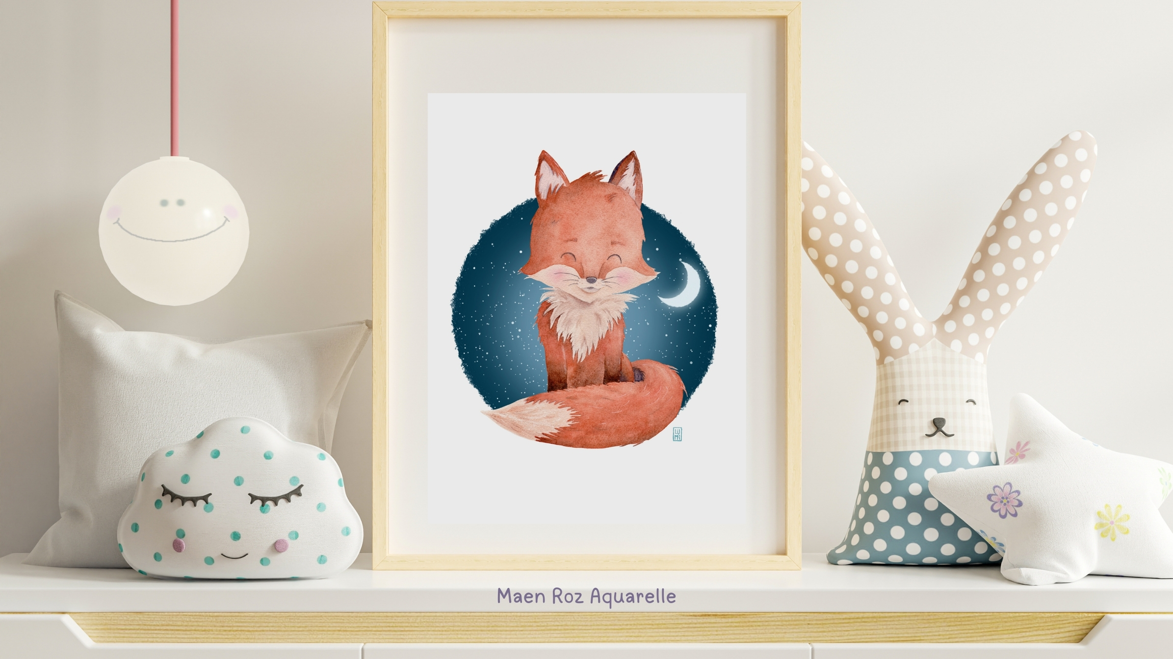 Illustration aquarelle pour chambre d’enfant encadrée dans une décoration douce