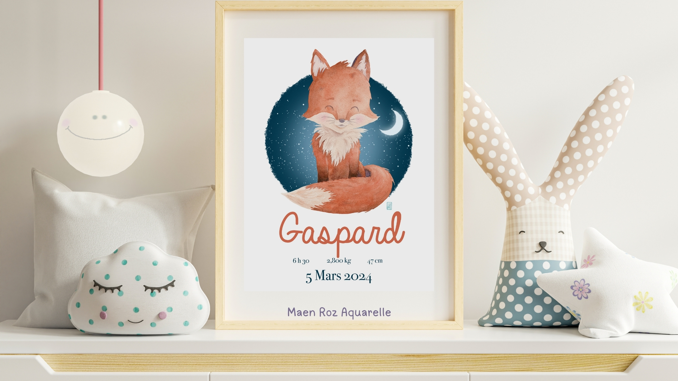 Illustration de naissance personnalisée à l’aquarelle avec prénom et date de naissance