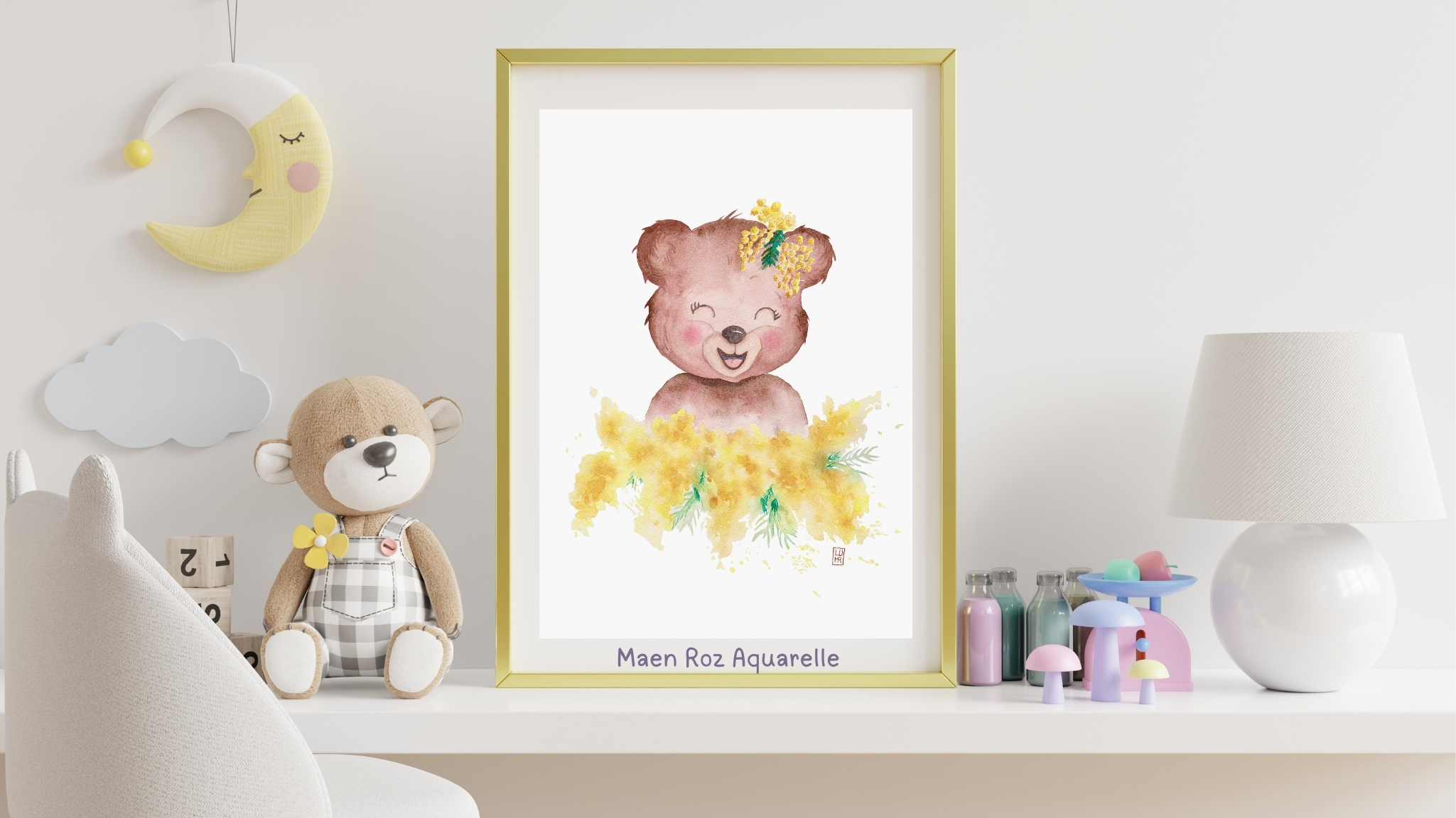 Illustration à l’aquarelle pour chambre de bébé, idée de cadeau de naissance poétique